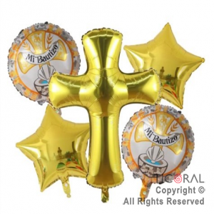 SET DE GLOBOS METALIZADO BAUTISMO AMARILLO CRUZ 5 UNIDADES X 1
